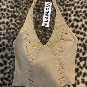 I.AM.GIA Beige Lace-Up Crop Top